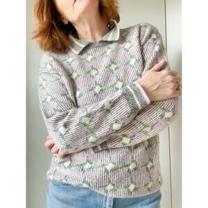 Vintage Womens Sweater size Small Oversized Geometric Print Collared Pink  80s